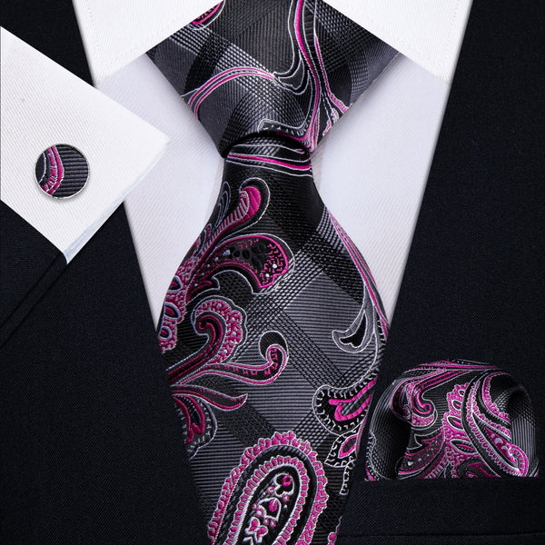 Ties2you Pink Paisley Necktie Grey Plaid Woven Dress Tie Pocket Square Cufflinks Set