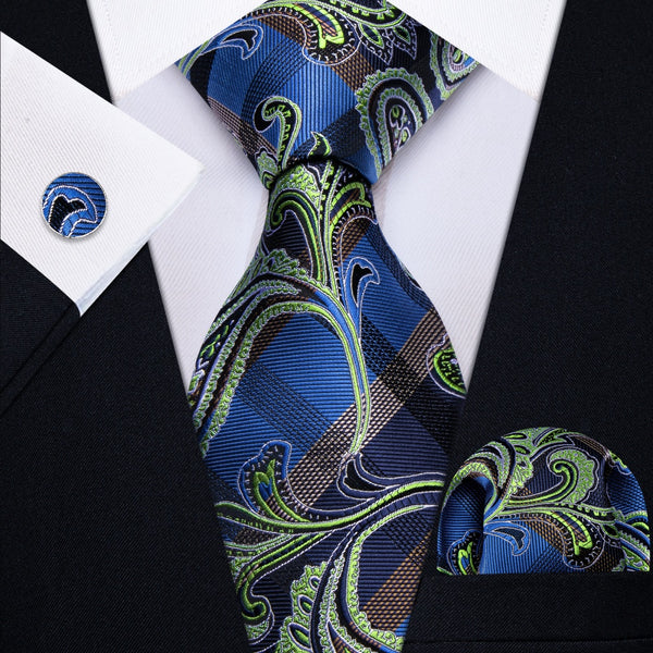 Ties2you Green Blue Plaid Floral Necktie Pocket Square Cufflinks Set for Men