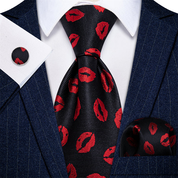 Ties2you Red Lips Tie Black Red Tie Pocket Square Cufflink Set
