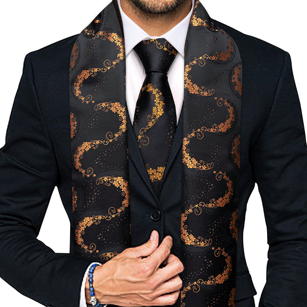 Gold Black Floral Novelty Men's Silk Scarf Necktie Set