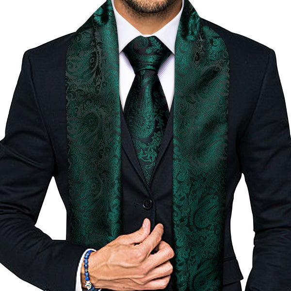 Dark Green Black Paisley Men's Silk Scarf Necktie Set