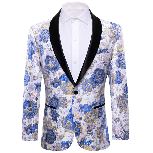 Blue White Gold Floral Flower Men's Suit for Party