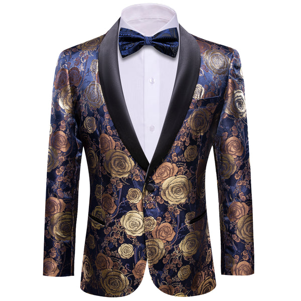 Gold Blue Brown Floral Rose Men's Suit for Party