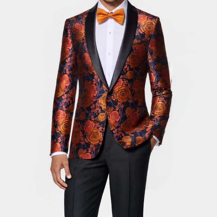 Burnt Orange Floral Rose Men's Suit for Party, 2XL Burnt Orange Floral Rose Men's Suit for Party, 2XL