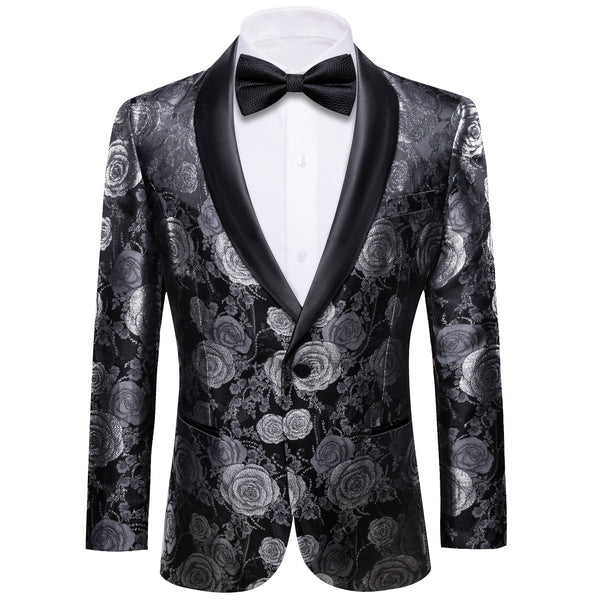 Silver Grey Black Floral Rose Men's Suit for Party