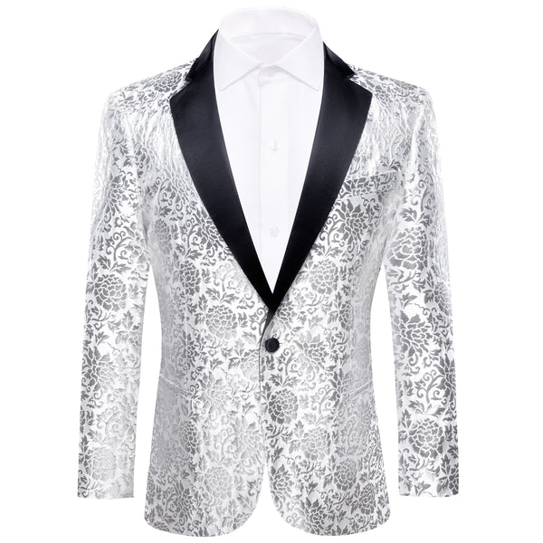 Ties2you Notched Collar Men's Suit  Silver White Floral Flower Suit For Party