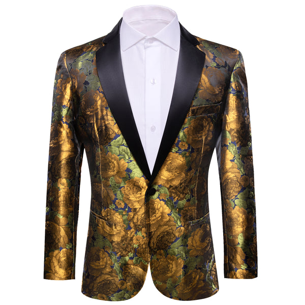 Ties2you Men's Suit Golden Green Floral Flower Notched Collar Suit For Party