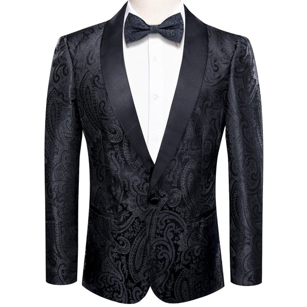 Dress Suit for Men Coal Black Floral Jacquard Shawl Collar Suit
