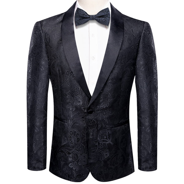Dress Suit for Men Oil Black Floral Jacquard Shawl Collar Suit