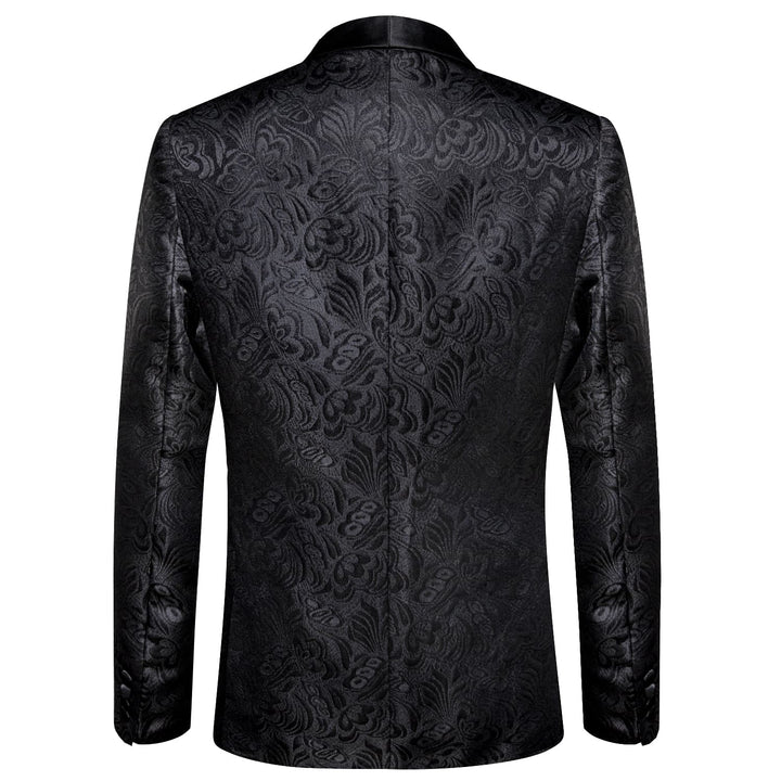 Men's Suit Coal Black Floral Shawl Collar Silk Suit Jacket
