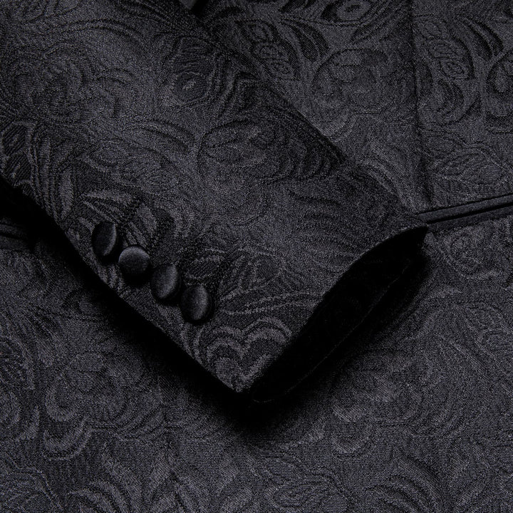 Men's Suit Coal Black Floral Shawl Collar Silk Suit Jacket