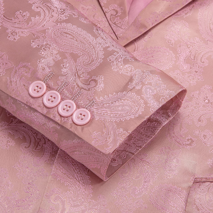 Dress Suit for Men Rose Pink Paisley Notched Collar Silk Suit