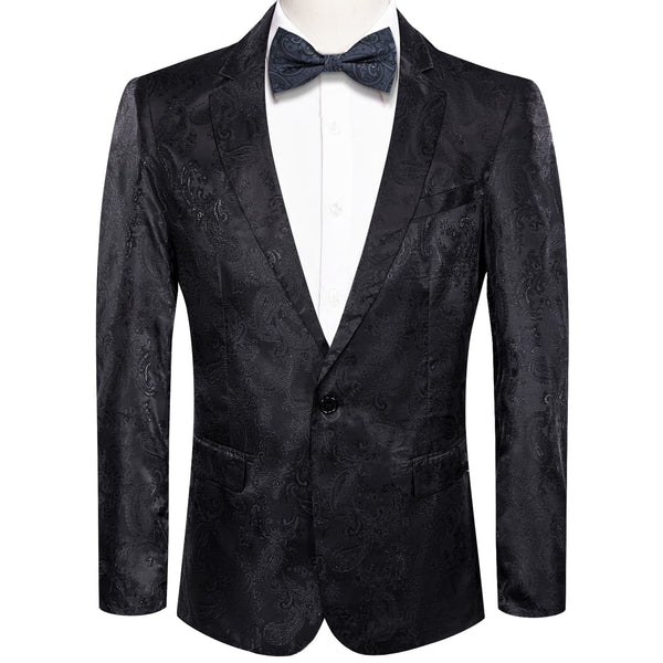 Dress Suit for Men Crow Black Paisley Notched Collar Silk Suit