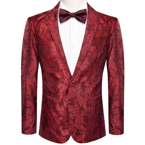 Dress Suit for Men Cherry Red Paisley Notched Collar Silk Suit