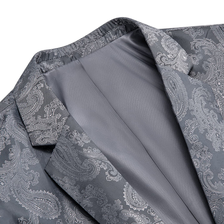 Dress Suit for Men Smoke Grey Paisley Notched Collar Silk Suit