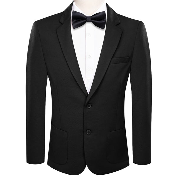 Knit Dress Suit Pure Black Solid Notched Collar Silk Suit for Men