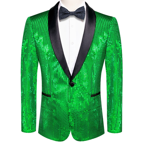 Sequin Blazer Emerald Green Solid Shawl Collar Glitter Mens Suit