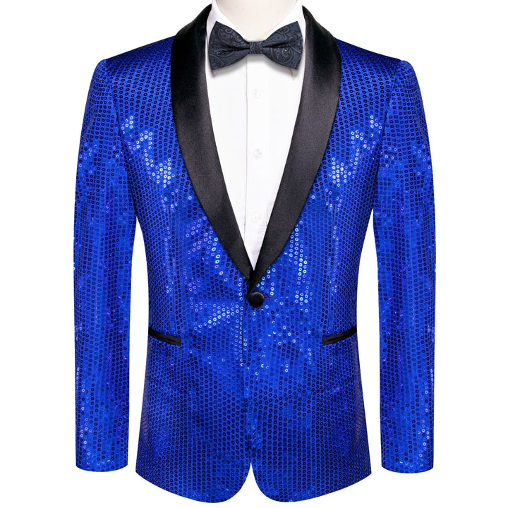 Sequin Blazer Cobalt Blue Solid Shawl Collar Glitter Mens Suit Fashion