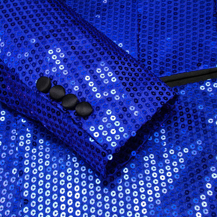 Sequin Blazer Cobalt Blue Solid Shawl Collar Glitter Mens Suit Fashion