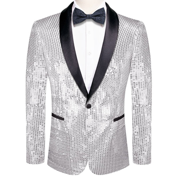 Sequin Blazer Coin Grey Solid Shawl Collar Glitter Mens Suit