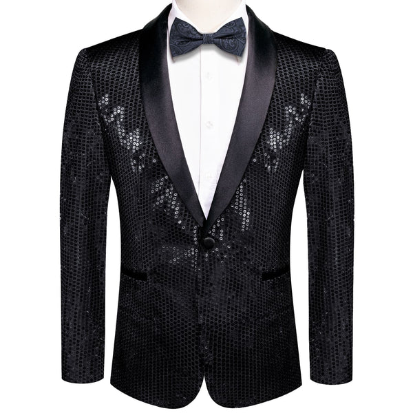 Sequin Blazer Classic Black Solid Shawl Collar Glitter Mens Slim Fit Suit