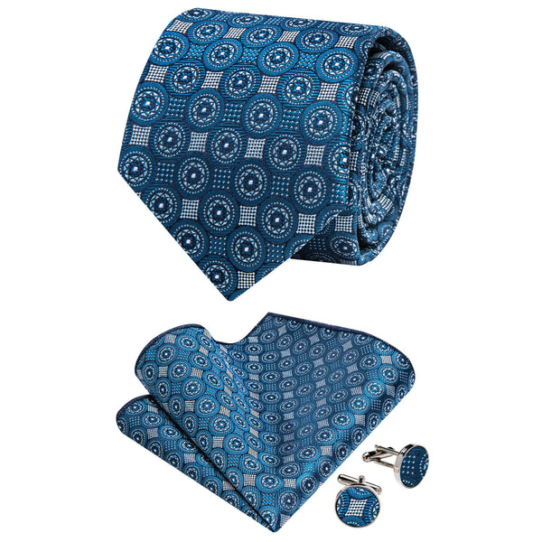 Ties2you Deep Cyan Tie Geometric Pattern Silk Mens Necktie Set Wedding