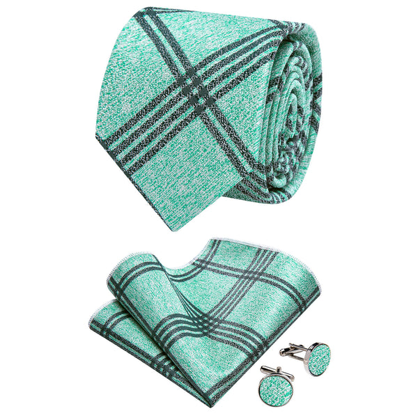 Ties2you Aquamarine Plaid Silk Necktie Pocket Square Cufflinks Set