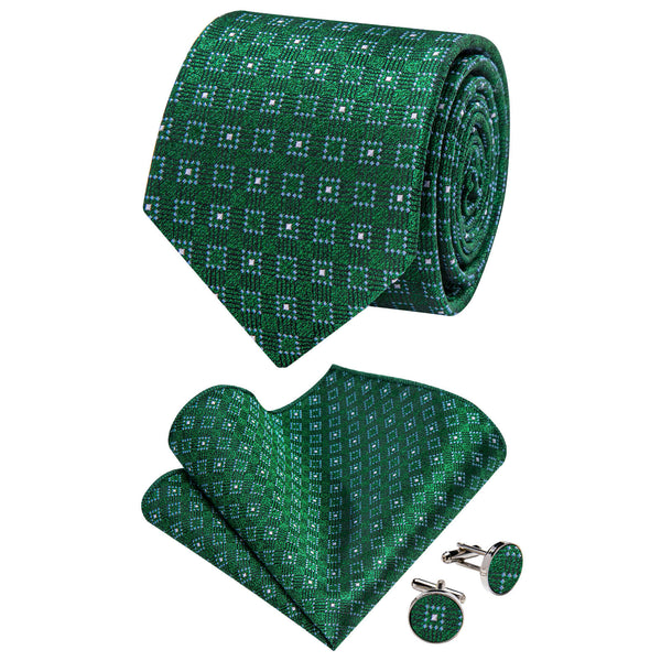 Ties2you Emerald Green Plaid Necktie Pocket Square Cufflinks Set