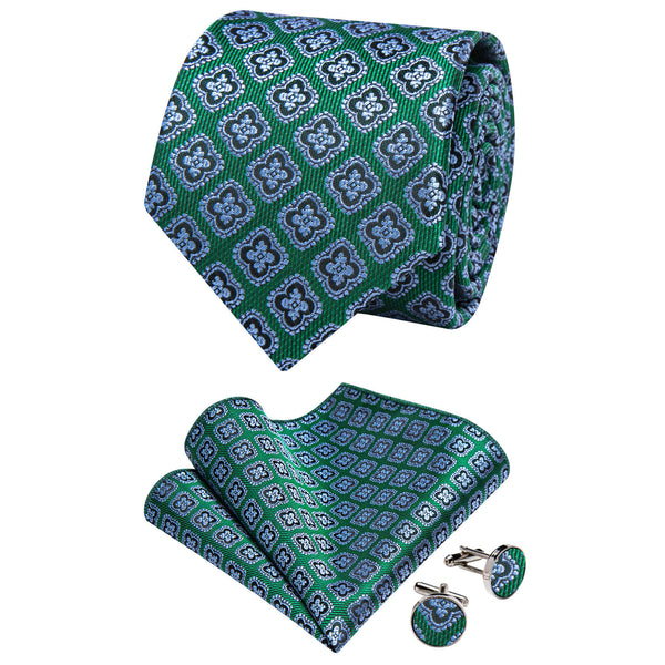 Ties2you Forest Green Tie Blue Floral Pattern Silk Mens Necktie Set
