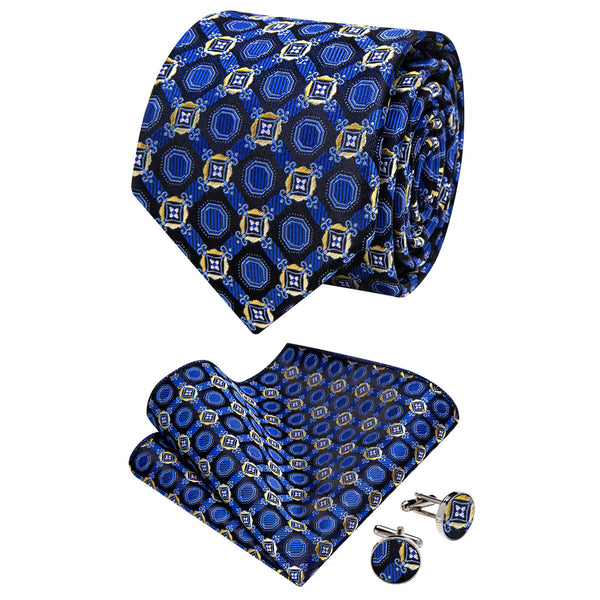 Ties2you Royal Blue Geometric Necktie Pocket Square Cufflinks Set