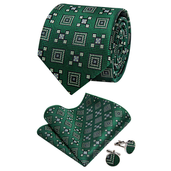 Ties2you Dartmouth Green Geometric Necktie Pocket Square Cufflinks Set