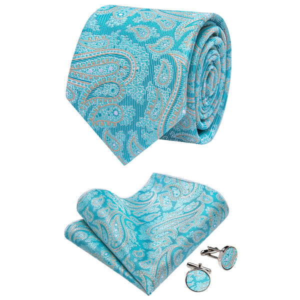 Ties2you Teal Paisley Necktie Pocket Square Cufflinks Set for Party