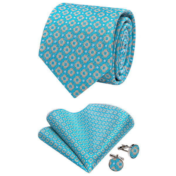 Ties2you Pale Blue Tie Tan Floral Pattern Silk Mens Necktie Set