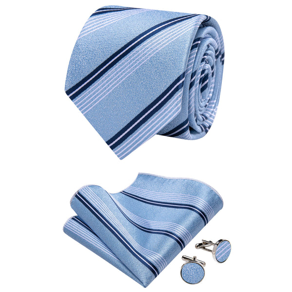 Ties2you Light Blue Striped Necktie Pocket Square Cufflinks Set