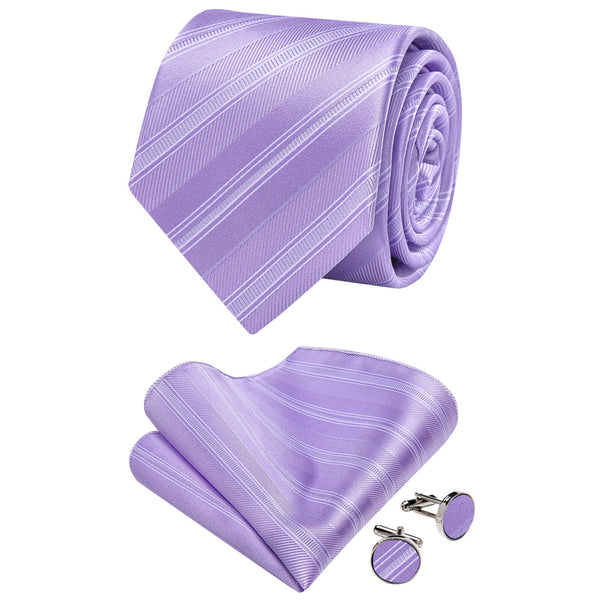 Ties2you Orchid Purple Striped Silk Necktie Hanky Cufflinks Set