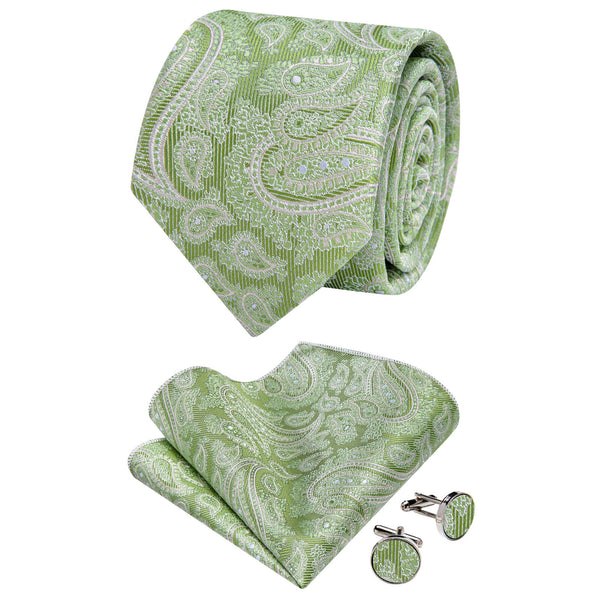 Ties2you Olivine Green Paisley Necktie Pocket Square Cufflinks Set