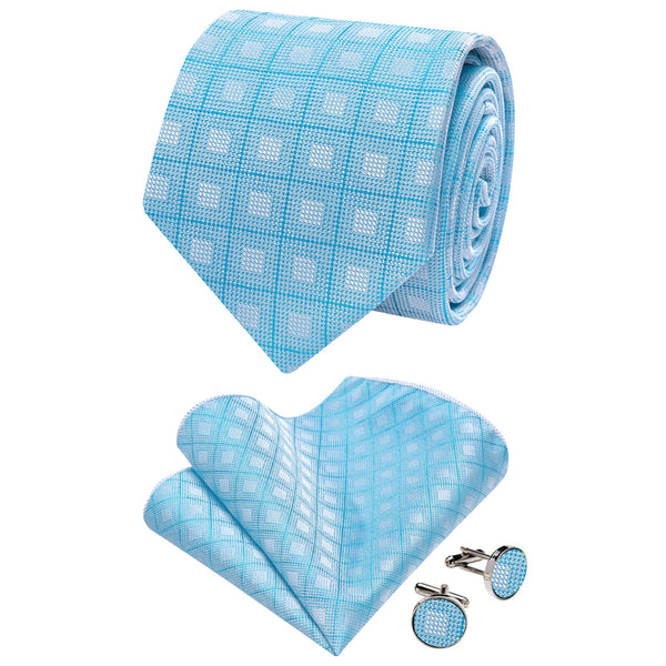 Ties2you Baby Blue Plaid Necktie Pocket Square Cufflinks Set Wedding