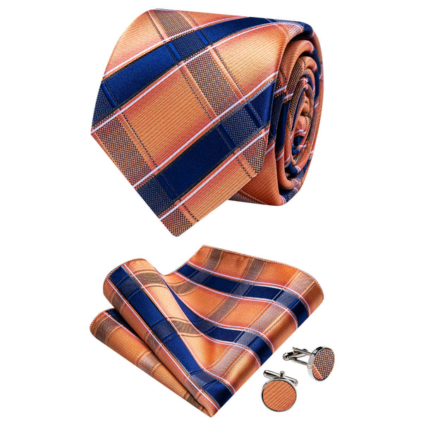 Ties2you Orange Navy Striped Necktie Pocket Square Cufflinks Set