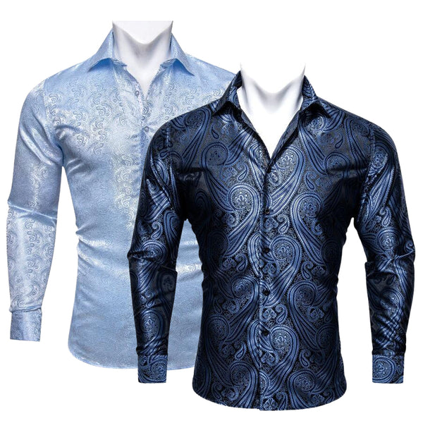 2pcs Bundles Deal Fashin Blue Paisley Silk Men's Long Sleeve Shirt