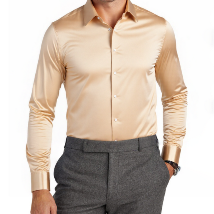 Ties2you Dress Shirt Champagne Solid Satin Men's Long Sleeve Shirt Top ties2you Ties2you Dress Shirt Champagne Solid Satin Men's Long Sleeve Shirt Top ties2you