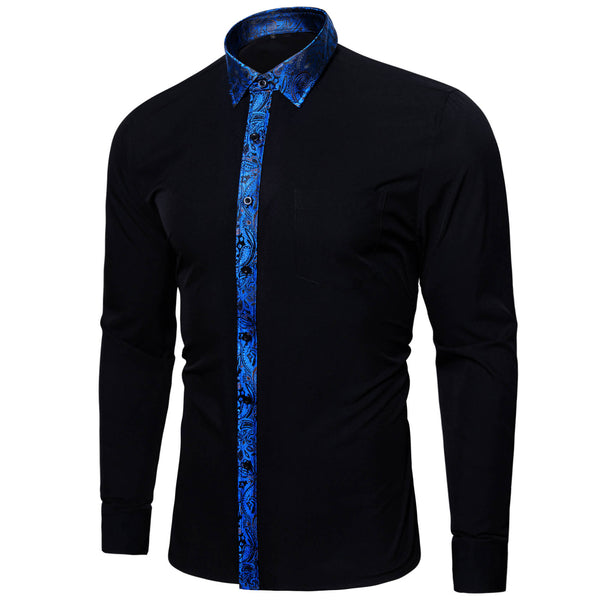 Ties2you Black Blue Slim Fit Splicing Shirt Mens Long Sleeve Button Down Casual Shirt
