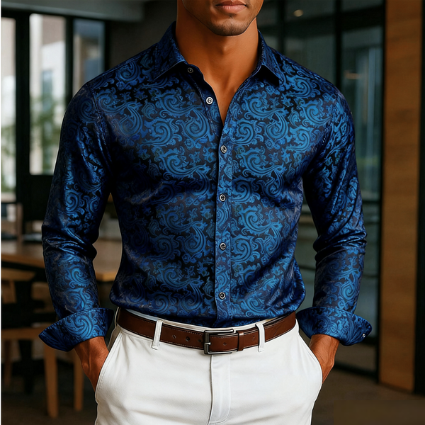 Ties2you Blue Floral Casual Shirt Mens Silk Long Sleeve Button Down Shirt