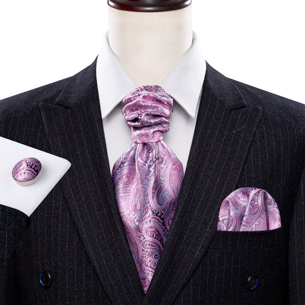 Luxury Baby Purple Paisley Silk Ascot Cravat Pocket Square Cufflinks Set