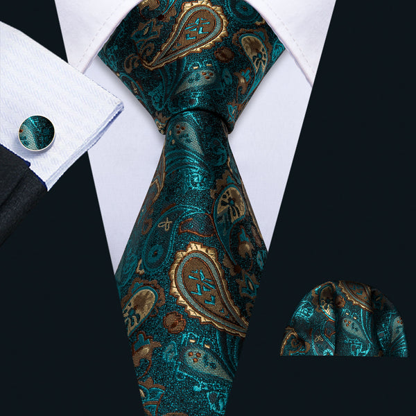 Shinning Green Paisley Men's Tie Handkerchief Cufflinks Set