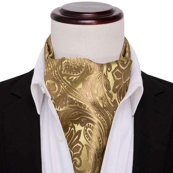 Champagne Brown Floral Silk Ascot Cravat Pocket Square Cufflinks Set