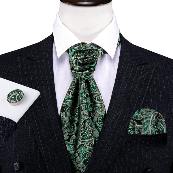 Green Floral Silk Ascot Cravat Pocket Square Cufflinks Set