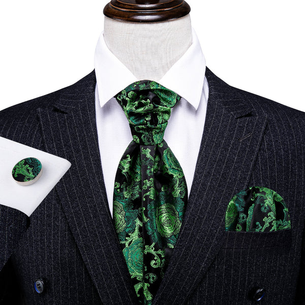 Green Peony Floral Silk Ascot Cravat Pocket Square Cufflinks Set