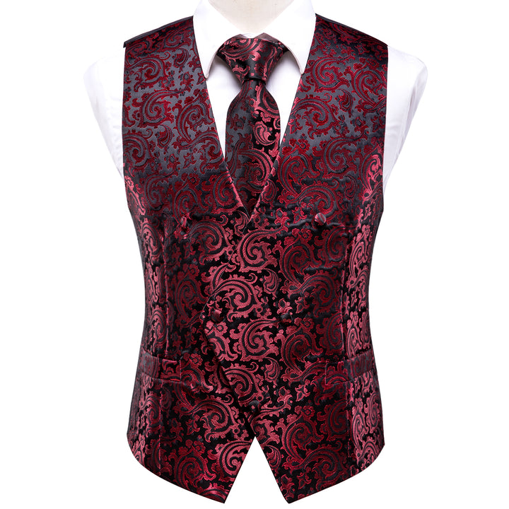 Red Black Paisley Jacquard Silk suit vests for men