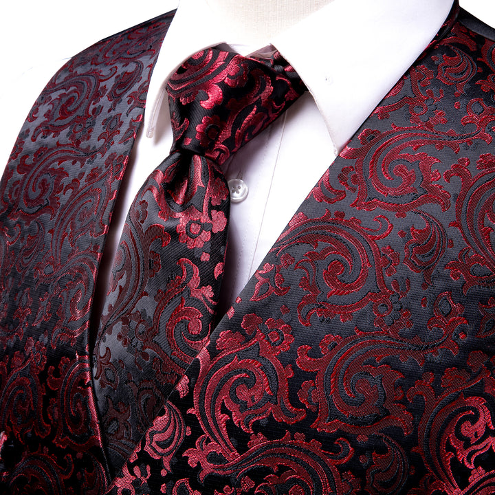 Red Black Paisley Jacquard Silk men's dressy vest