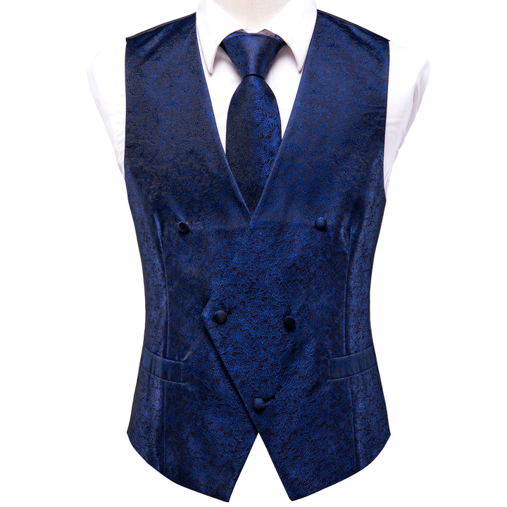 Navy Blue Floral Jacquard Silk Men's formal suit with vest